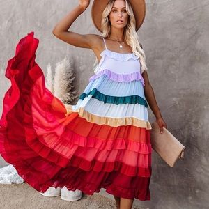 VICI Color Me Pretty Rainbow Ruffle MIDI Dress
